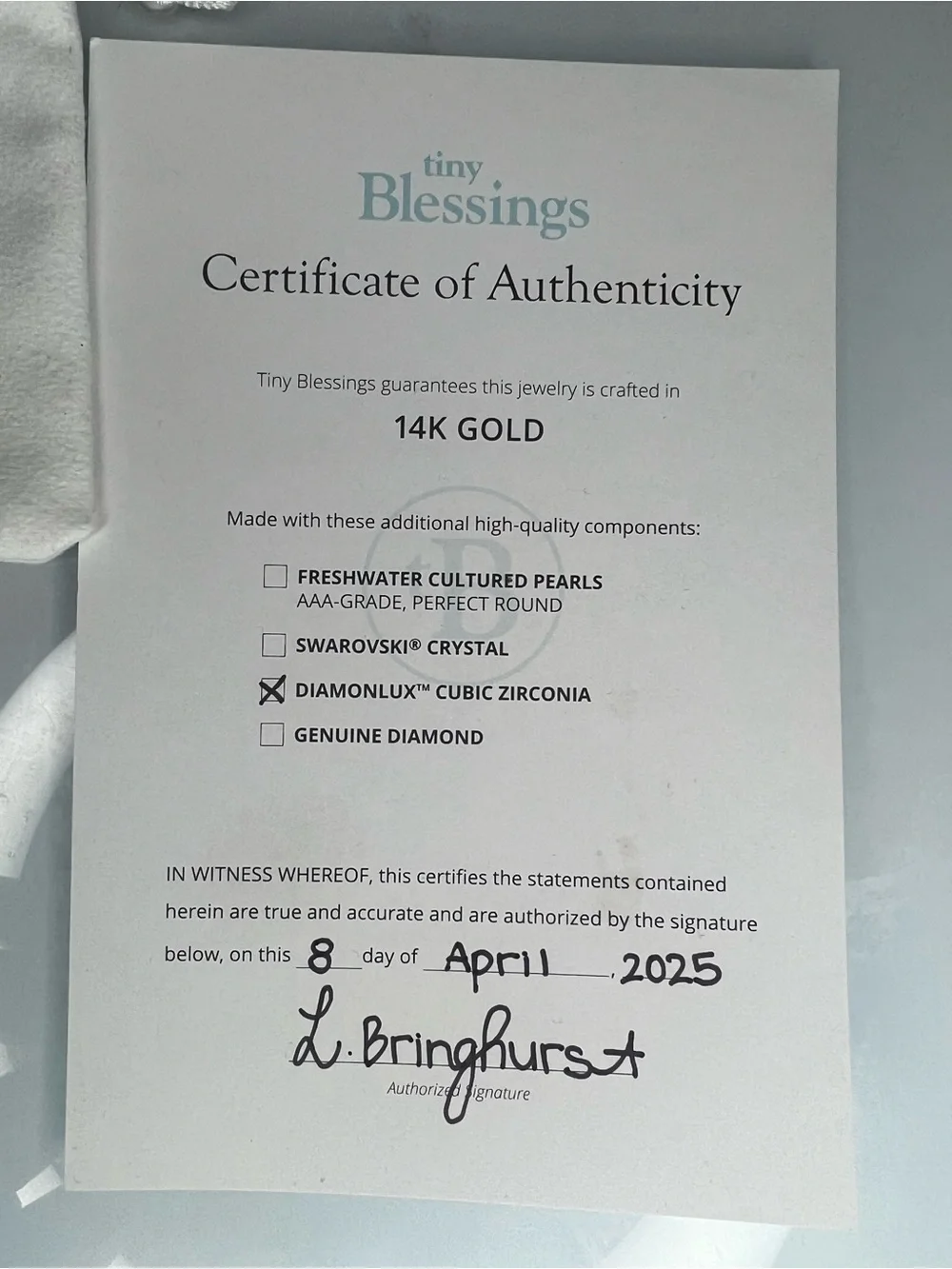Tiny Blessings 14K Gold Jewelry Certificate - Gold